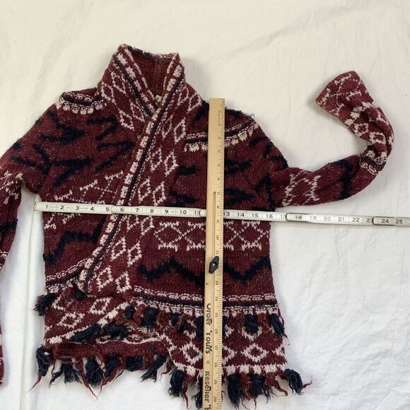 Anthropologie Moth Vera Fringe Cardigan XS S Sweater Aztec Cotton Red Cream Fall - Picture 5 of 15